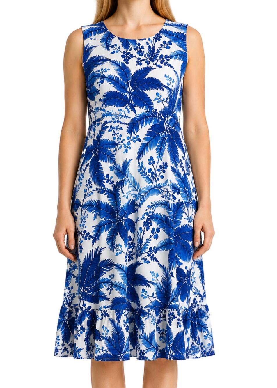 Talbots Dress 16 Blue White Tropical Palm Print Sleeveless Cotton Ruffle Hem NWT